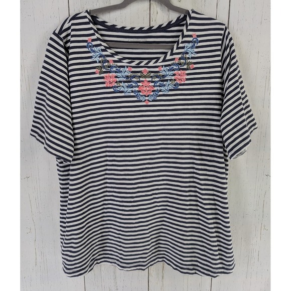 croft & barrow Tops - Croft Barrow Plus Size 2X Womens Blue White Striped Embroidered Short Sleeve Top